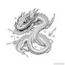 An intricate tattoo of a dragon lizard surrounded by sparkling dragonflies and hearts in a dotwork style tattoo design idea