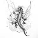 An intricate tattoo of a dragon lizard surrounded by sparkling dragonflies and hearts in a dotwork style tattoo design idea