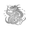 An intricate tattoo of a dragon lizard surrounded by sparkling dragonflies and hearts in a dotwork style tattoo design idea