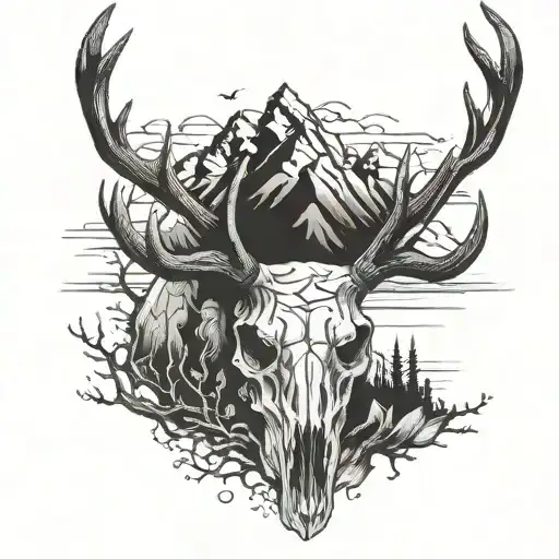 deer skull with mountains inside tattoo design idea