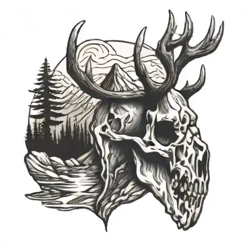 deer skull with mountains tattoo design idea