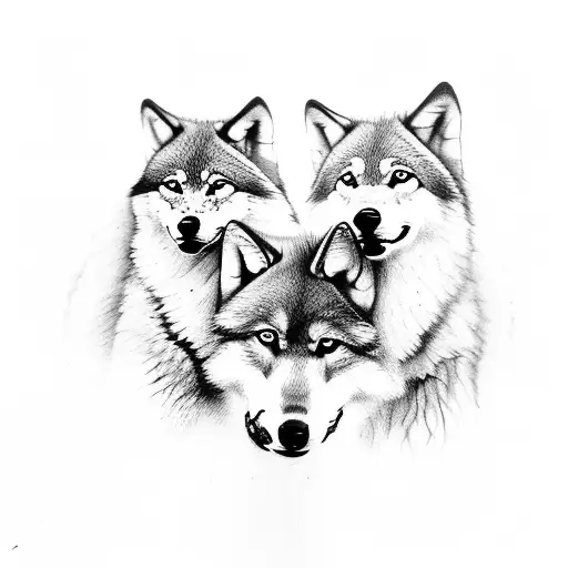 5 baby wolves and 2 adults in Forrest  tattoo design idea