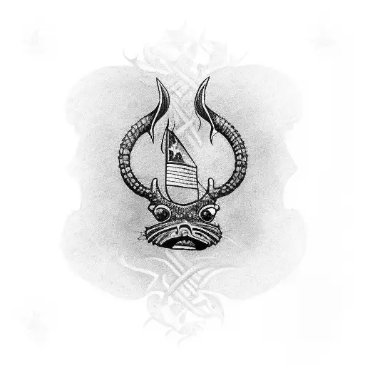 the Chamorro fish hook, Seal of Guam but a dark demonic version  tattoo design idea