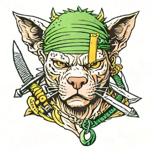 roronoa Zoro as a pitbull with earrings and swords tattoo design idea