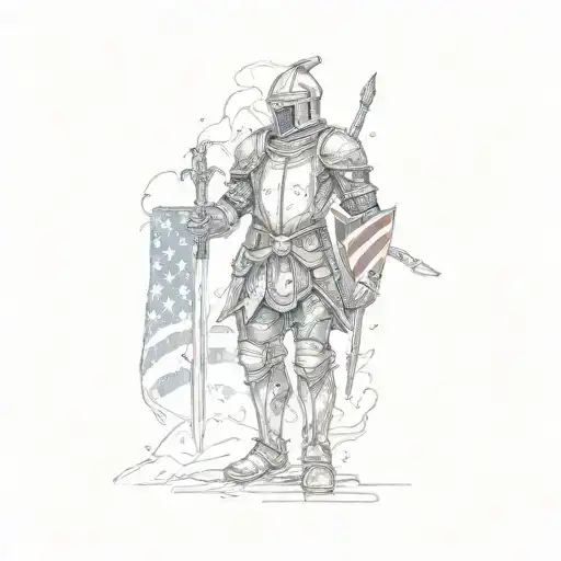 a knight with a sword and an american flag tattoo design idea