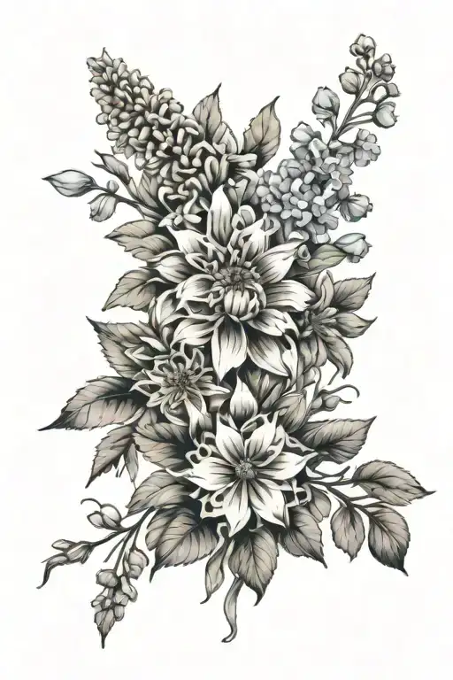 birth flower bouquet crysanthemum and delphinium flowers tattoo design idea