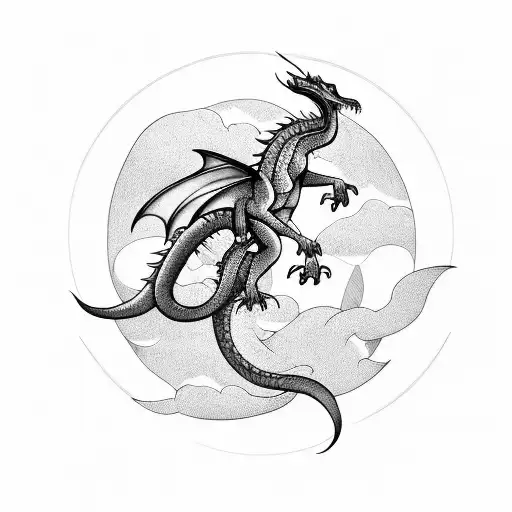 Medieval dragon flying through a stormy sky tattoo design idea