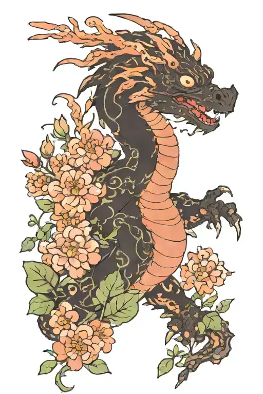 studio ghibli style dragon with flowers and influence from sukuna from jujutsu kaisen tattoo design idea