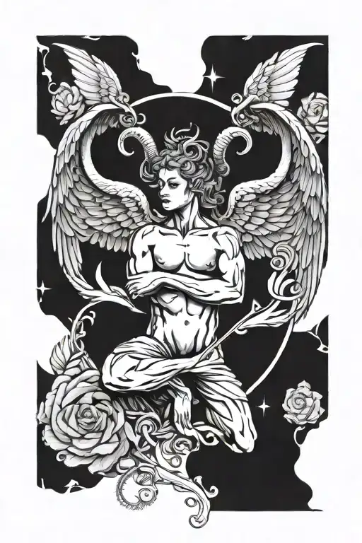 aries zodiac sign, gym, angel wings tattoo design idea