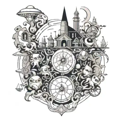 A futuristic scene with Patoruzu and a group of duendes traveling through time with elements from Patricio Rey y sus Redonditos de Ricota incorporated, all centered around the number 13 tattoo design idea