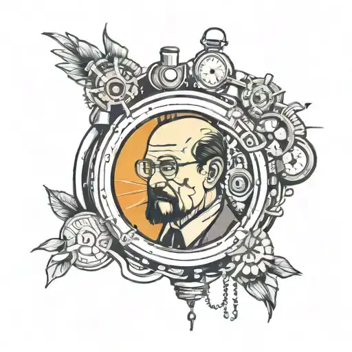 A tattoo design combining the character Patoruzu with elements from Breaking Bad and the time-traveling watch from Back to the Future, incorporating tribal patterns tattoo design idea