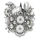 A futuristic scene with Patoruzu and a group of duendes traveling through time with elements from Patricio Rey y sus Redonditos de Ricota incorporated, all centered around the number 13 tattoo design idea