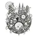 A futuristic scene with Patoruzu and a group of duendes traveling through time with elements from Patricio Rey y sus Redonditos de Ricota incorporated, all centered around the number 13 tattoo design idea