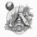 A futuristic scene with Patoruzu and a group of duendes traveling through time with elements from Patricio Rey y sus Redonditos de Ricota incorporated, all centered around the number 13 tattoo design idea