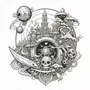 A futuristic scene with Patoruzu and a group of duendes traveling through time with elements from Patricio Rey y sus Redonditos de Ricota incorporated, all centered around the number 13 tattoo design idea