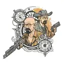 A tattoo design combining the character Patoruzu with elements from Breaking Bad and the time-traveling watch from Back to the Future, incorporating tribal patterns tattoo design idea