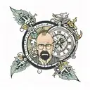 A tattoo design combining the character Patoruzu with elements from Breaking Bad and the time-traveling watch from Back to the Future, incorporating tribal patterns tattoo design idea