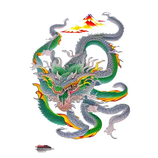 Aiguille du midi chamonix, couloir, green and yellow dragon, ascend, pasd under bridge,  tattoo design idea