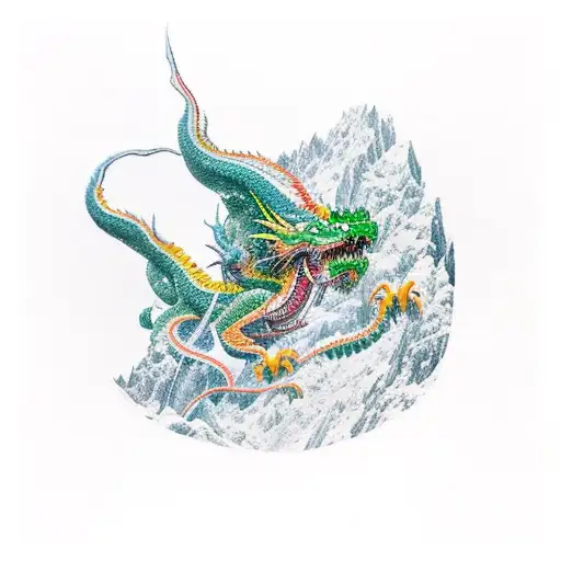 Aiguille du midi chamonix, couloir cunningham, green and yellow dragon, ascend, pass under bridge, snow, nighttime  tattoo design idea