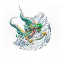 Aiguille du midi chamonix, couloir cunningham, green and yellow dragon, ascend, pass under bridge, snow, nighttime  tattoo design idea