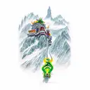 Aiguille du midi chamonix, couloir cunningham, green and yellow dragon, ascend, pass under bridge, snow, nighttime  tattoo design idea