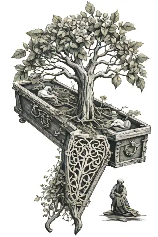 Azrael holding the tree of life on the lid of the coffin   tattoo design idea
