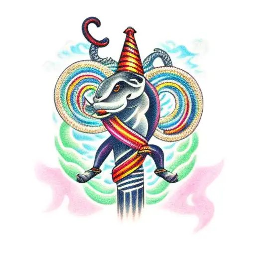 representation of Nyami Nyami, the Zambezi River God, intertwined with a colorful Cuban street scene tattoo design idea