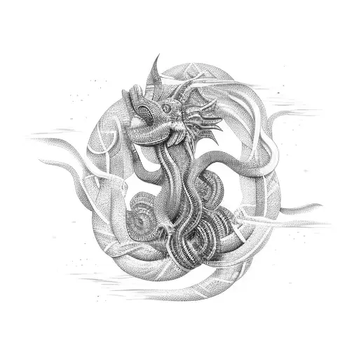 An abstract representation of the Nyami Nyami, the Zambezi River God, intertwined with a colorful Cuban street scene, with a dotwork style tattoo design idea