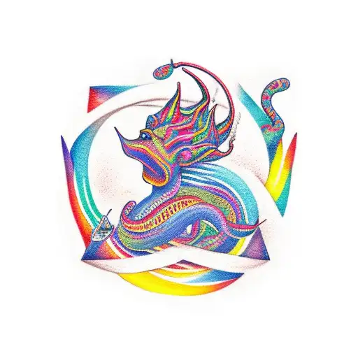 An abstract representation of the Nyami Nyami, the Zambezi River God, intertwined with a colorful Cuban street scene, with a dotwork style tattoo design idea