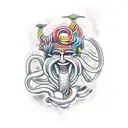 representation of Nyami Nyami, the Zambezi River God, intertwined with a colorful Cuban street scene tattoo design idea