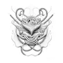 An abstract representation of the Nyami Nyami, the Zambezi River God, intertwined with a colorful Cuban street scene, with a dotwork style tattoo design idea