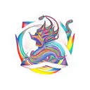 An abstract representation of the Nyami Nyami, the Zambezi River God, intertwined with a colorful Cuban street scene, with a dotwork style tattoo design idea