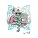 An abstract representation of the Nyami Nyami, the Zambezi River God, intertwined with a colorful Cuban street scene, with a dotwork style tattoo design idea
