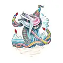 An abstract representation of the Nyami Nyami, the Zambezi River God, intertwined with a colorful Cuban street scene, with a dotwork style tattoo design idea