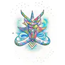 An abstract representation of the Nyami Nyami, the Zambezi River God, intertwined with a colorful Cuban street scene, with a dotwork style tattoo design idea