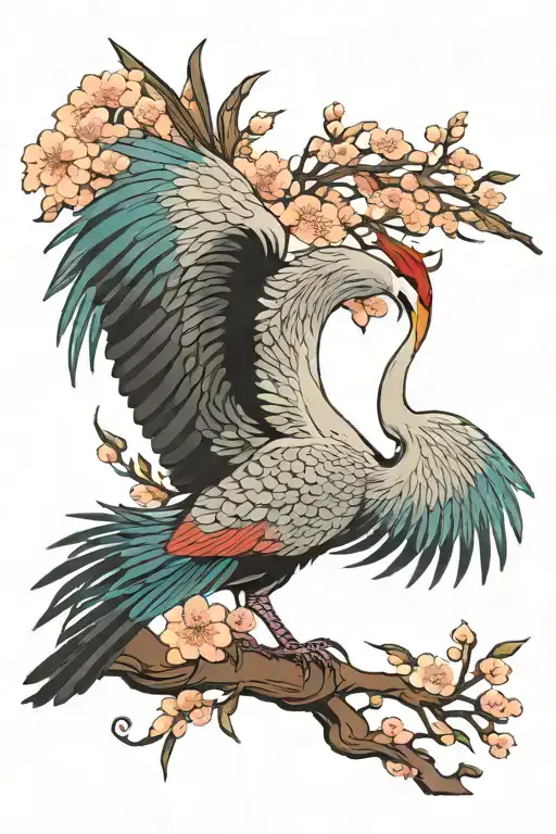 COLORFUL Japanese crane on cherry blossom tree tattoo design idea