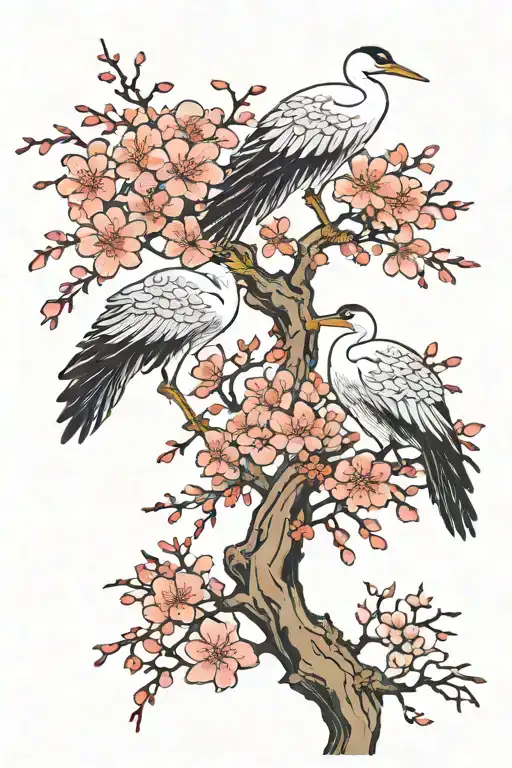two Japanese cranes on cherry blossom tree tattoo design idea