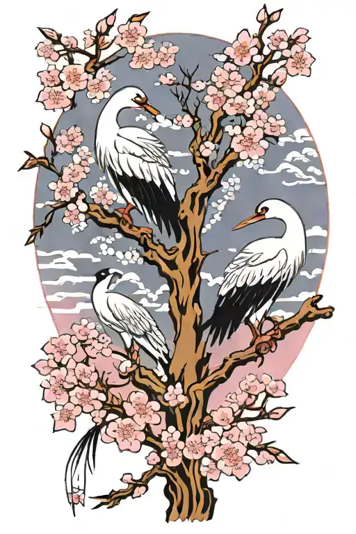 two Japanese cranes on pink cherry blossom tree tattoo design idea