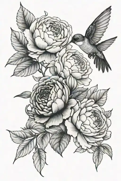 peonies and roses with hummingbirds tattoo design idea
