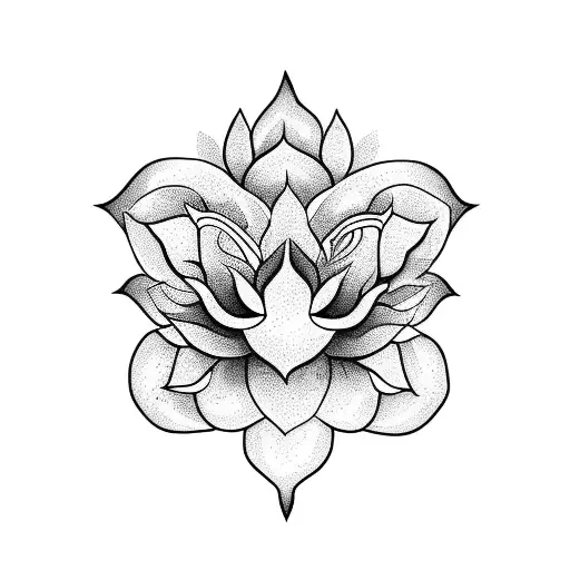 A blackwork tattoo of a shark with a Thai lotus flower on its fin, surrounded by South American tribal patterns tattoo design idea