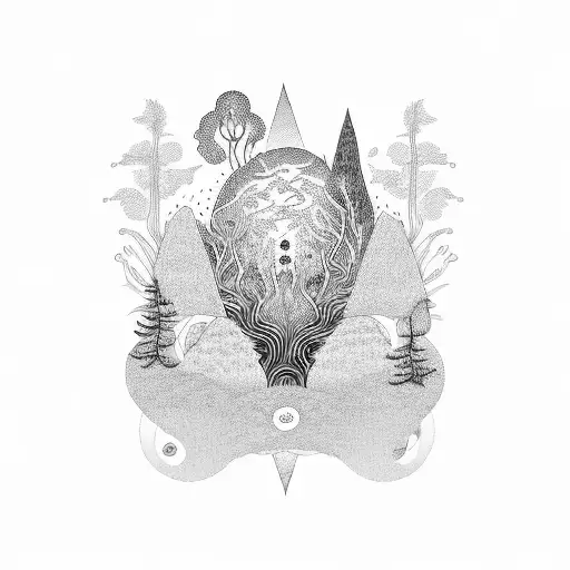 A psychedelic nature scene with plants and animals made of sound waves tattoo design idea