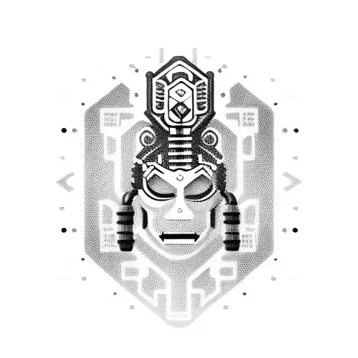 A black-grey tattoo of a hacker wearing a Thai traditional mask, with a guitar made of circuitry wires tattoo design idea