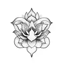 A blackwork tattoo of a shark with a Thai lotus flower on its fin, surrounded by South American tribal patterns tattoo design idea