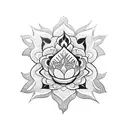 A blackwork tattoo of a shark with a Thai lotus flower on its fin, surrounded by South American tribal patterns tattoo design idea