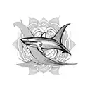 A blackwork tattoo of a shark with a Thai lotus flower on its fin, surrounded by South American tribal patterns tattoo design idea