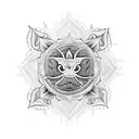 A blackwork tattoo of a shark with a Thai lotus flower on its fin, surrounded by South American tribal patterns tattoo design idea
