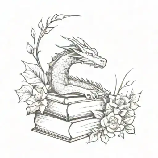 sleeping dragon on books surrounded by florals tattoo design idea