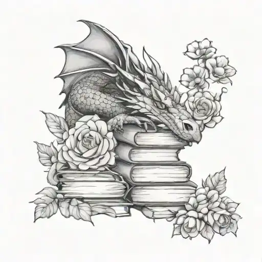 sleeping dragon on books surrounded by florals forming the shape tattoo design idea