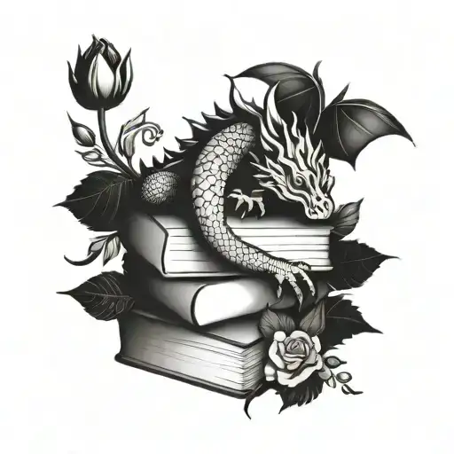 sleeping dragon on books surrounded by florals tattoo design idea