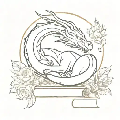 sleeping dragon on books surrounded by florals forming the shape tattoo design idea